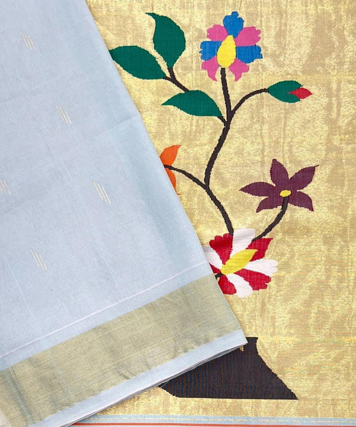 Off white handwoven cotton paithani saree