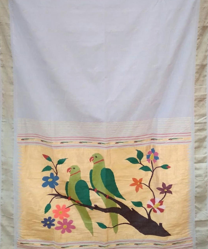 Off white handwoven cotton paithani saree