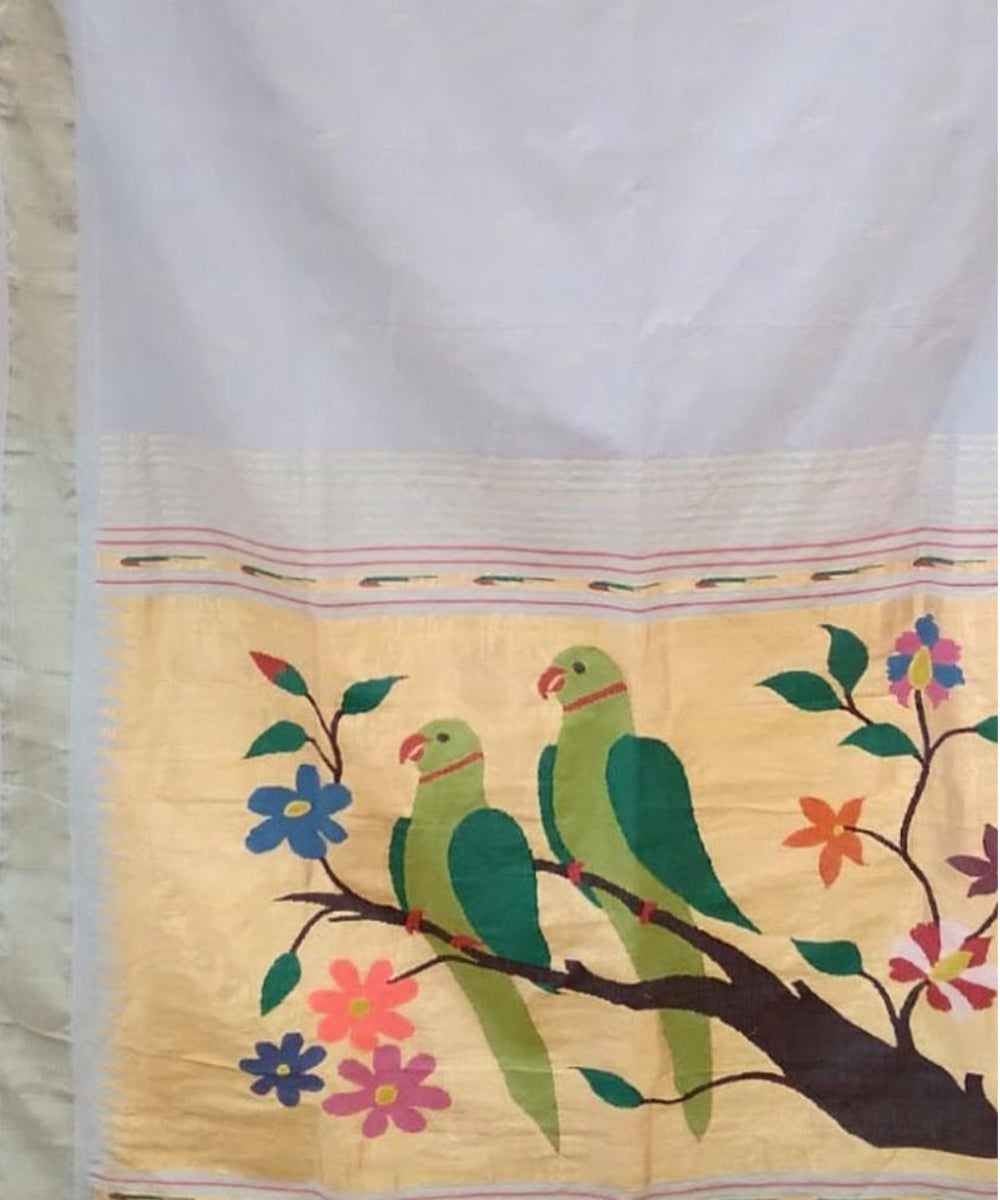 Off white handwoven cotton paithani saree