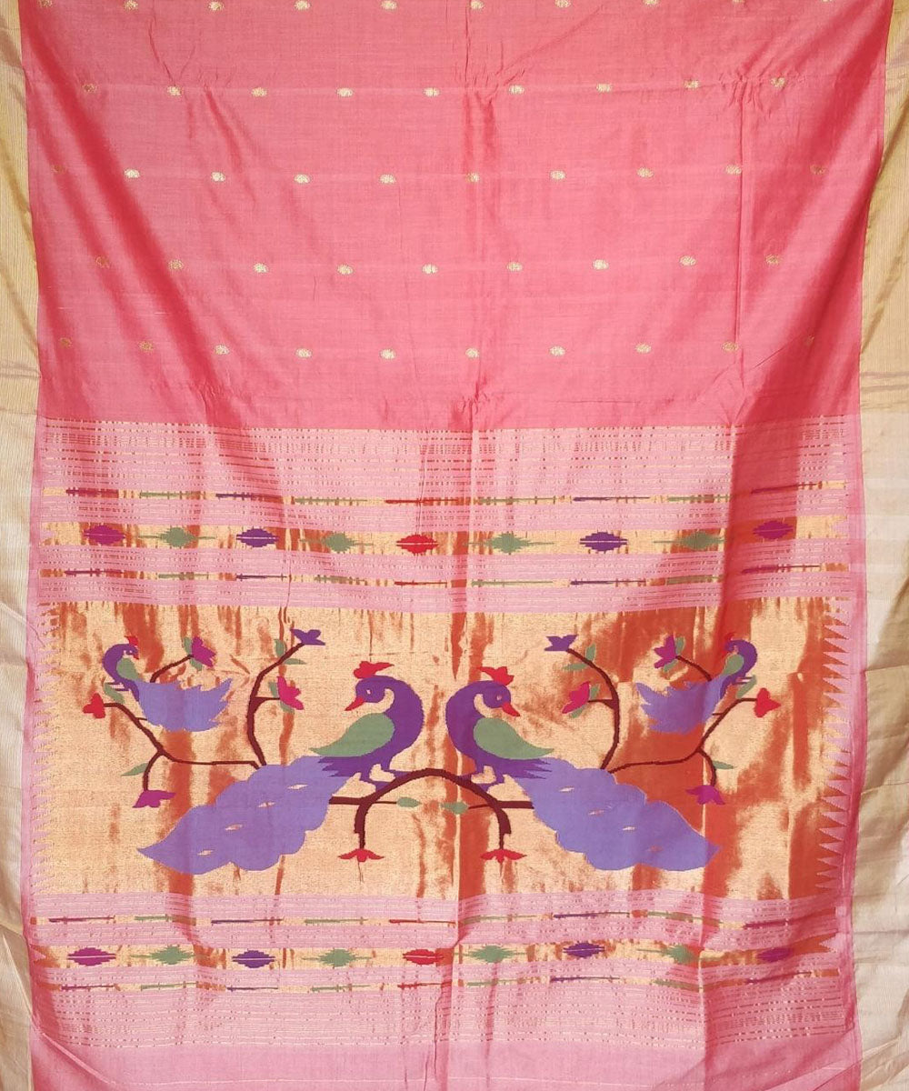 Pink handwoven cotton paithani saree
