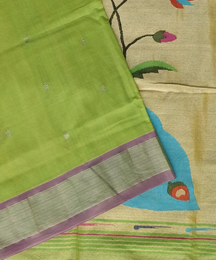 Lime green handwoven cotton paithani saree