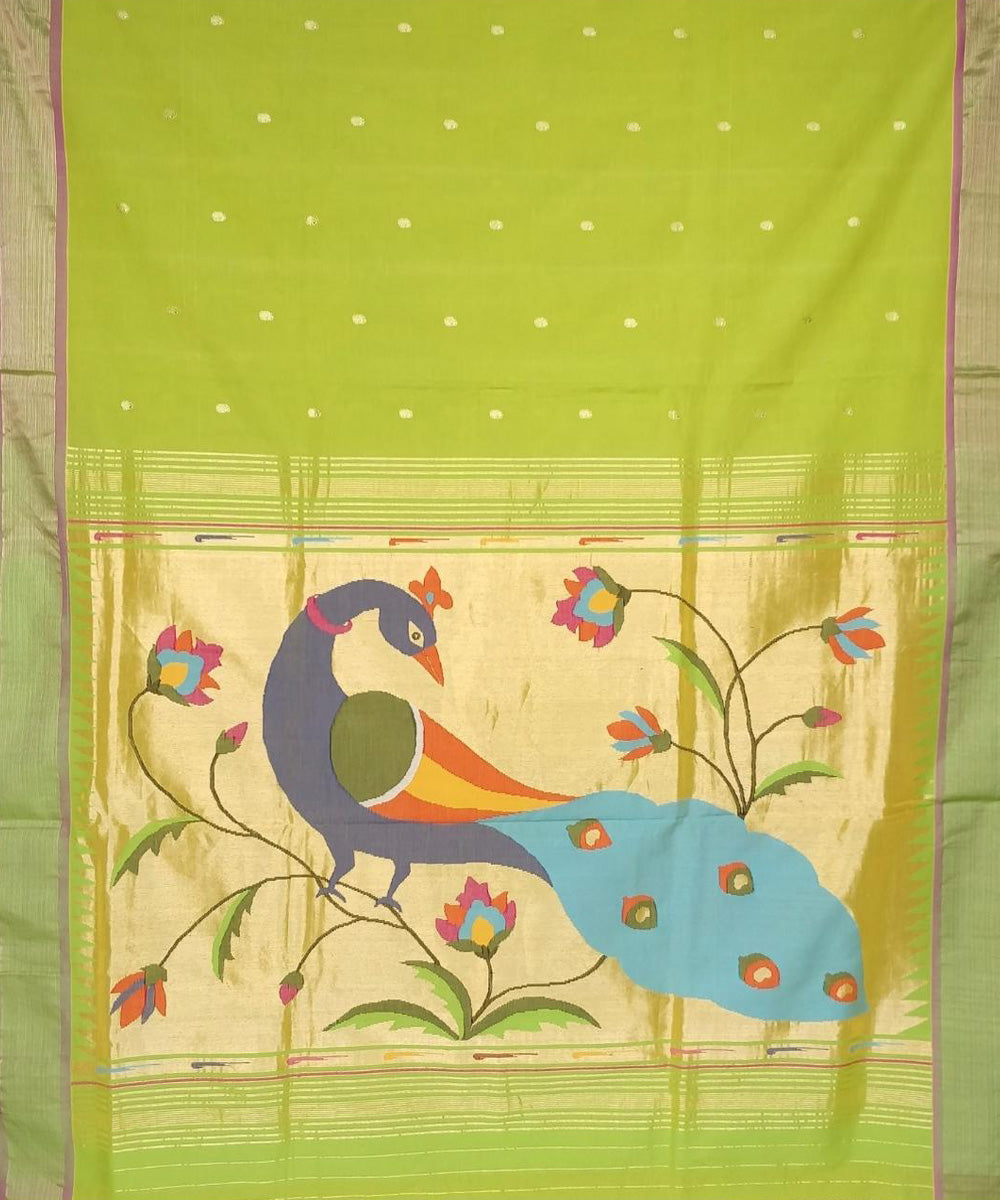Lime green handwoven cotton paithani saree
