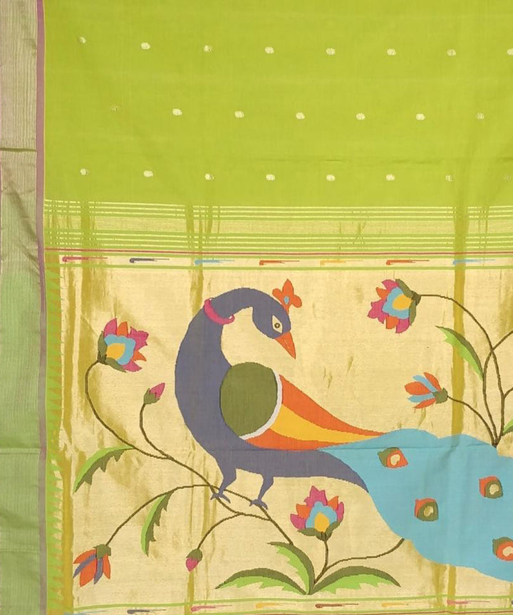 Lime green handwoven cotton paithani saree