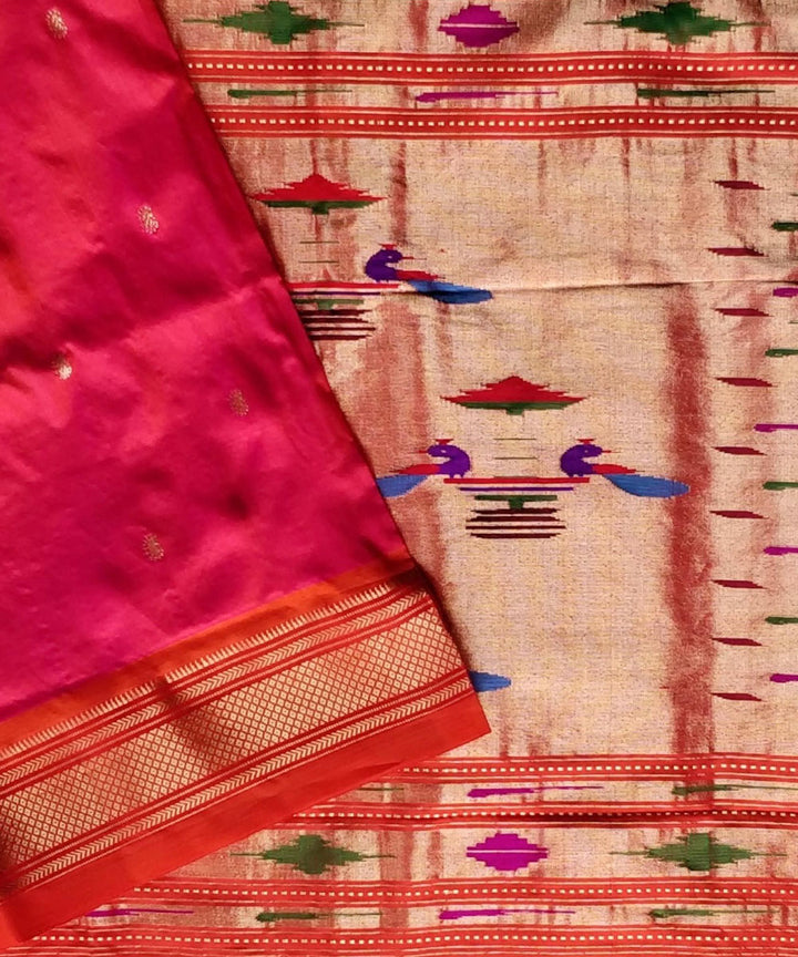 Two tone pink silk with orange border handwoven paithani saree