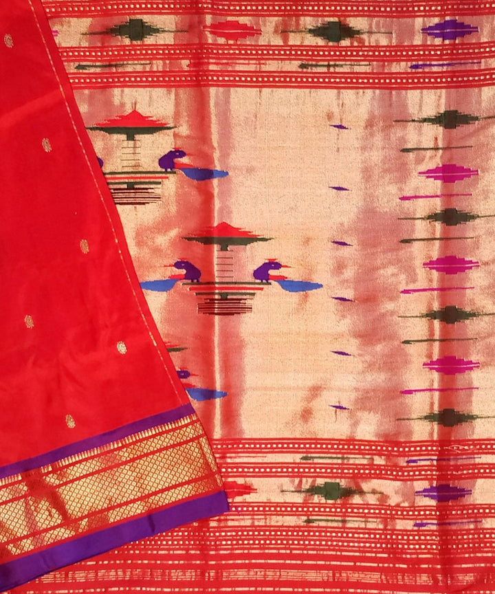 Red silk with purple border handwoven paithani saree