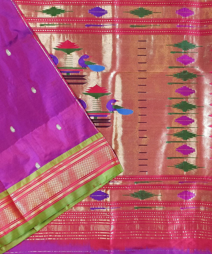 Purple silk with green border handwoven paithani saree