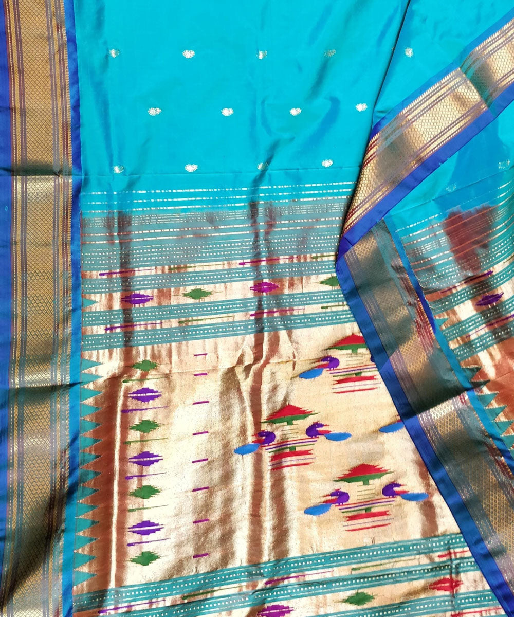 Turquoise silk with blue border handwoven paithani saree