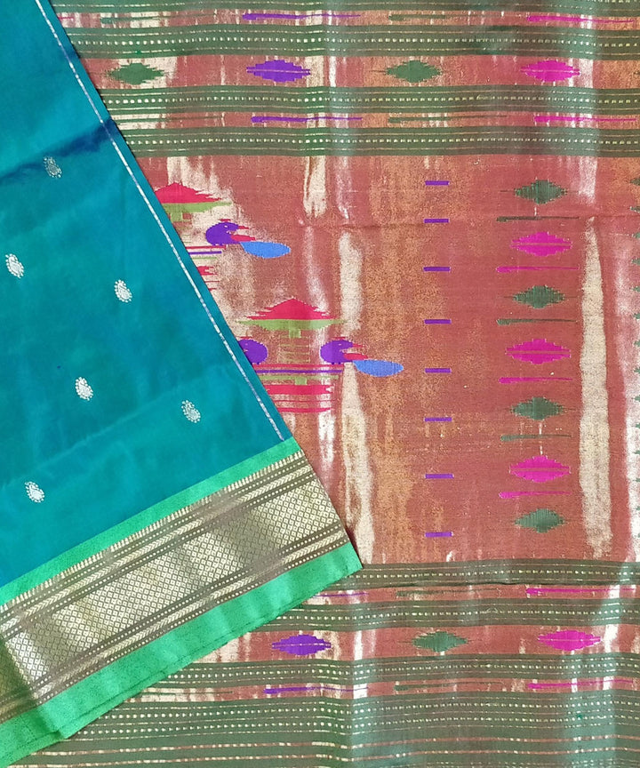 Peacock blue silk with green border handwoven paithani saree