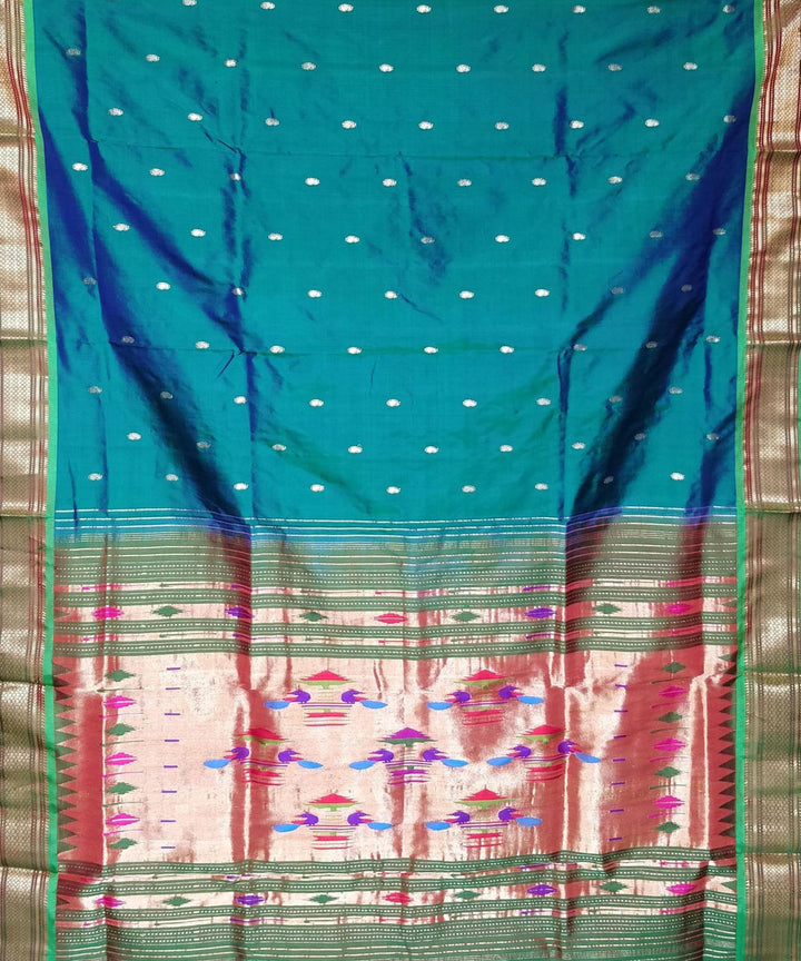 Peacock blue silk with green border handwoven paithani saree