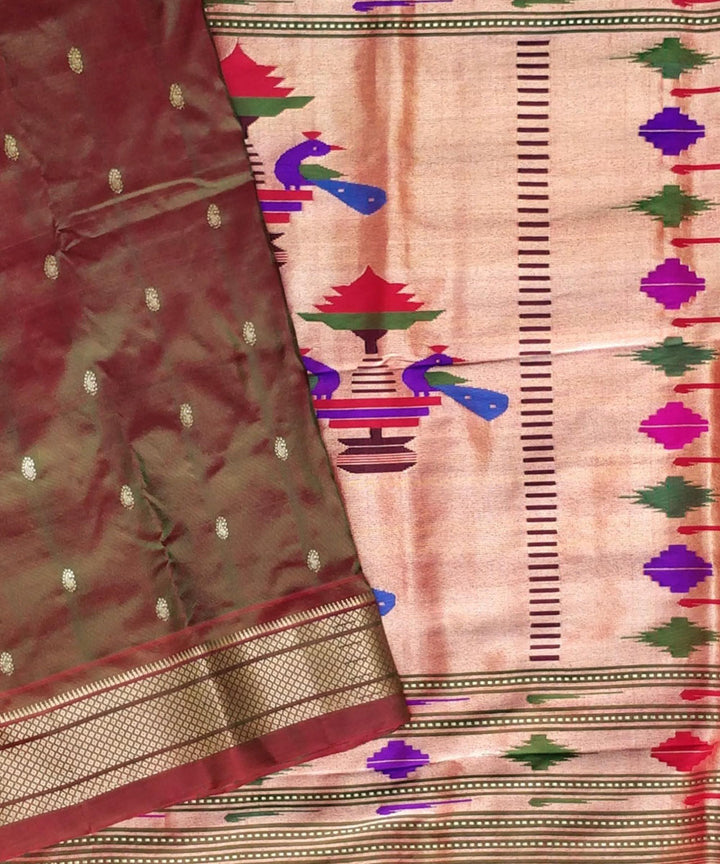 Two tone rust and green silk handwoven paithani saree
