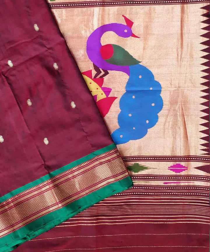 Maroon rich pallu silk paithani saree with green border