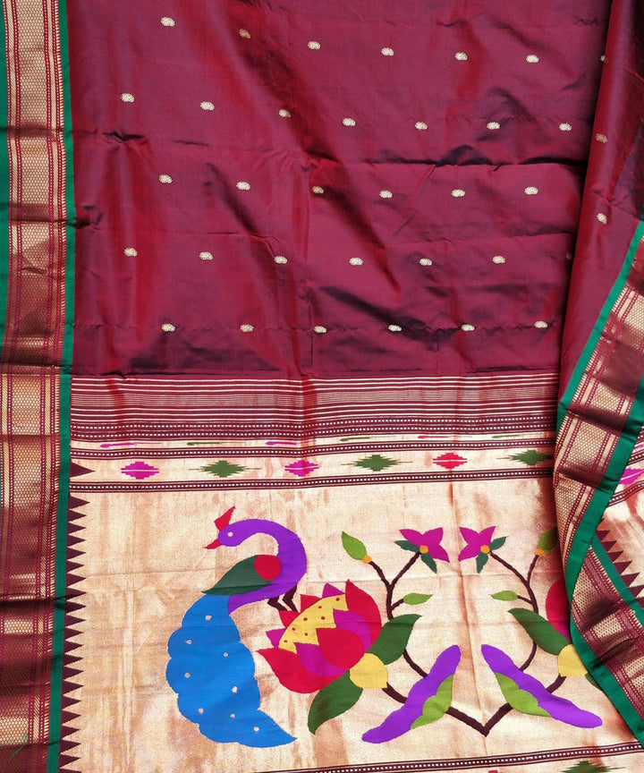 Maroon rich pallu silk paithani saree with green border