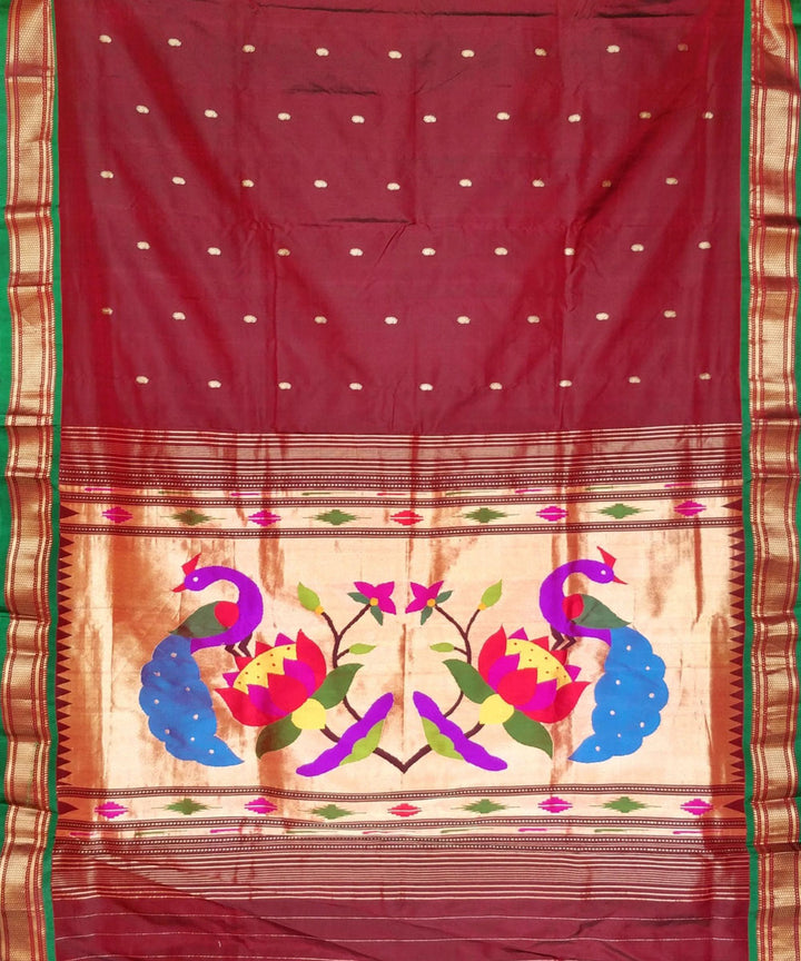 Maroon rich pallu silk paithani saree with green border