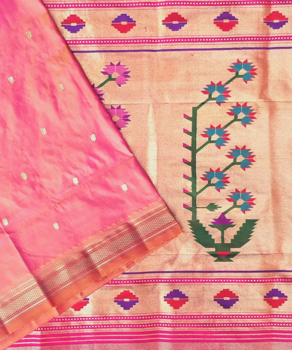 Two tone peach asawali pallu silk paithani