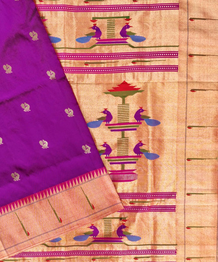 Purple single muniya silk paithani saree with peacock butti