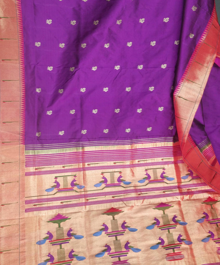 Purple single muniya silk paithani saree with peacock butti