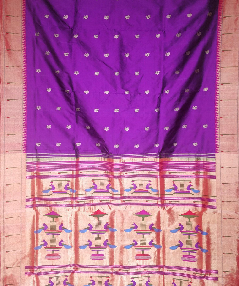 Purple single muniya silk paithani saree with peacock butti