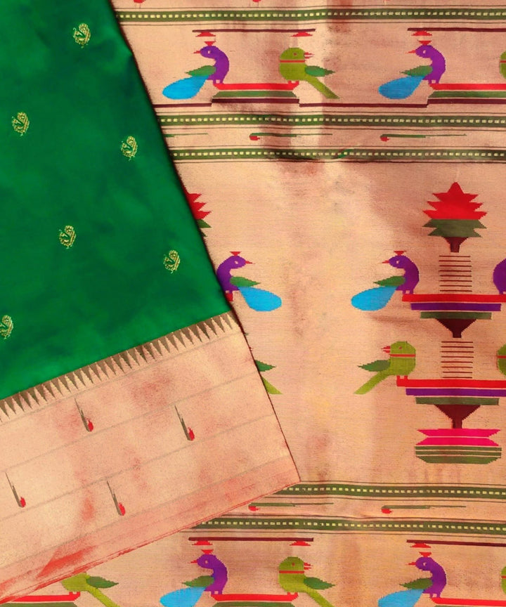 Bottle green triple muniya silk paithani saree with peacock butti
