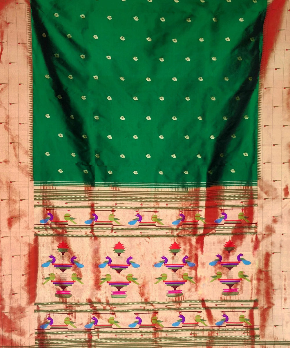 Bottle green triple muniya silk paithani saree with peacock butti