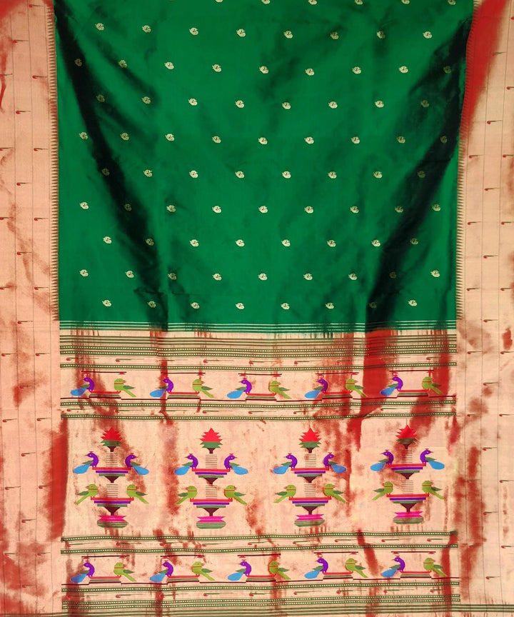 Bottle green triple muniya silk paithani saree with peacock butti