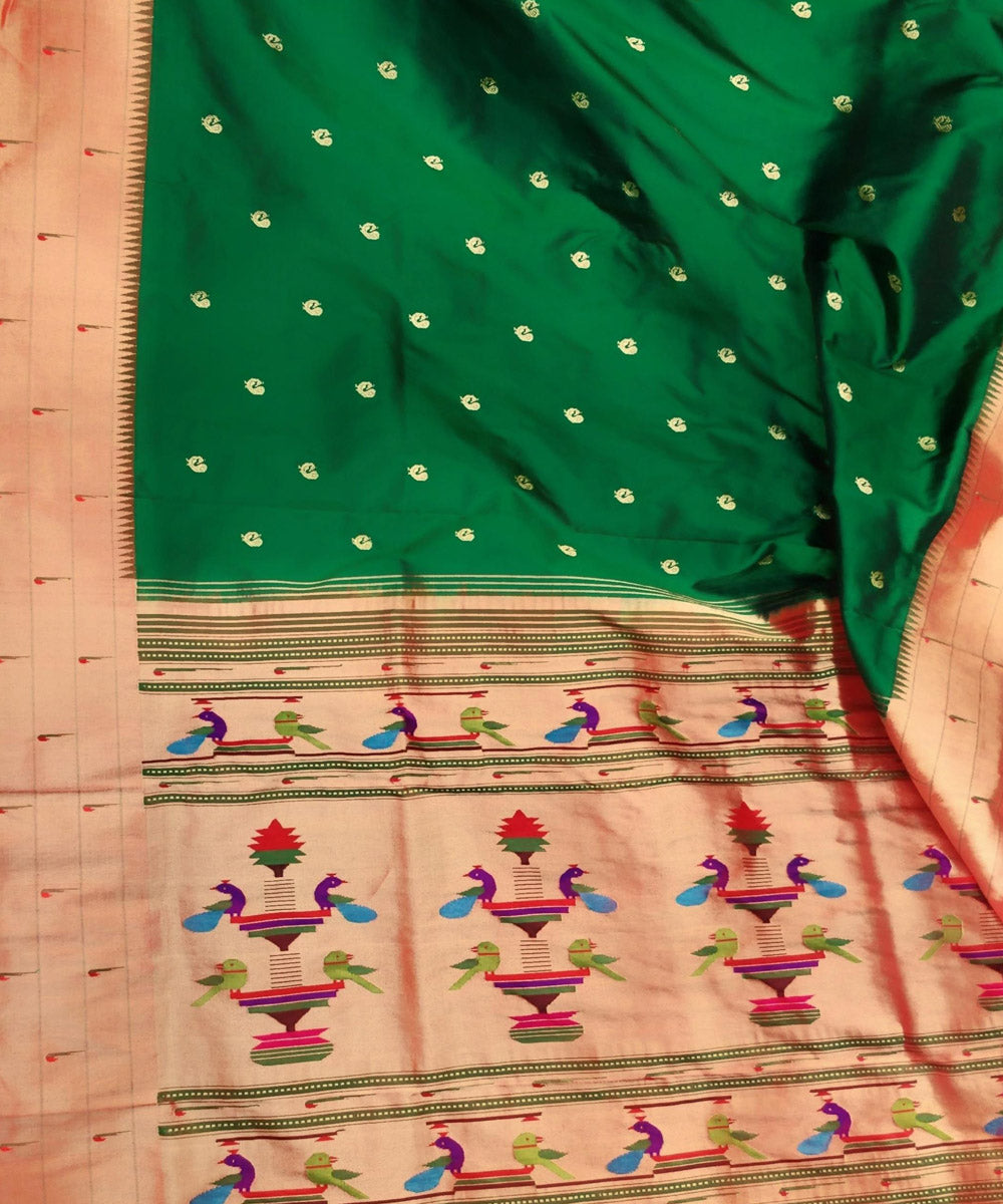 Bottle green triple muniya silk paithani saree with peacock butti
