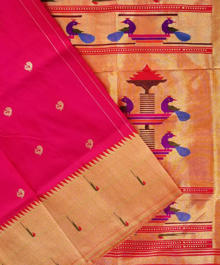 Fuchsia pink triple muniya silk paithani saree with peacock butti