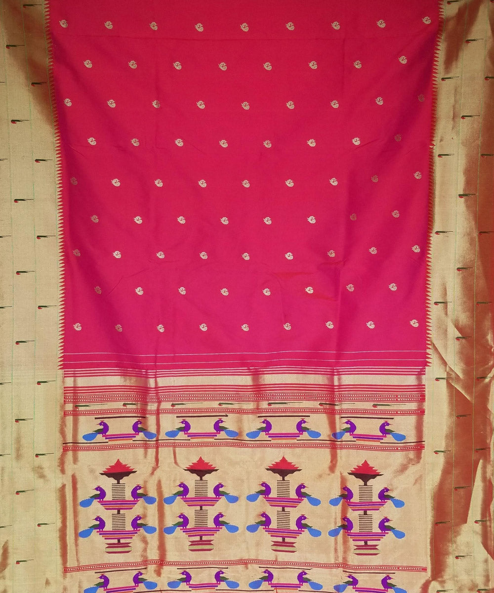 Fuchsia pink triple muniya silk paithani saree with peacock butti