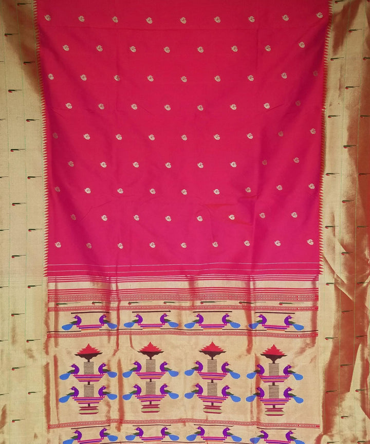 Fuchsia pink triple muniya silk paithani saree with peacock butti