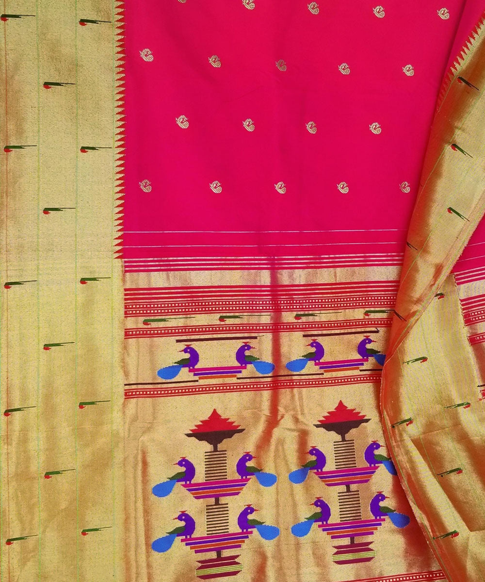 Fuchsia pink triple muniya silk paithani saree with peacock butti