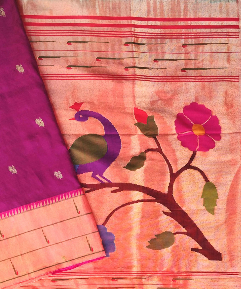 Wine triple muniya silk paithani saree with peacock butti