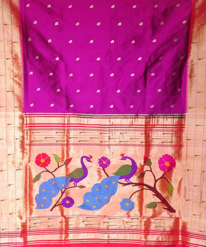 Wine triple muniya silk paithani saree with peacock butti