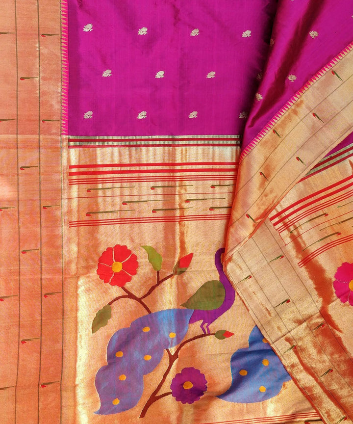 Wine triple muniya silk paithani saree with peacock butti