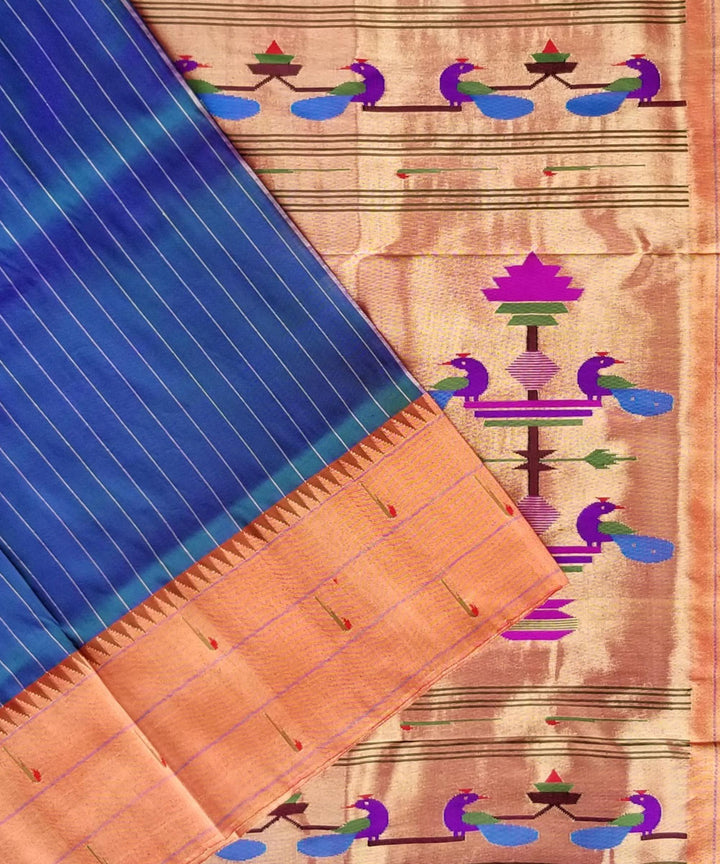 Peacock blue striped triple muniya silk paithani saree