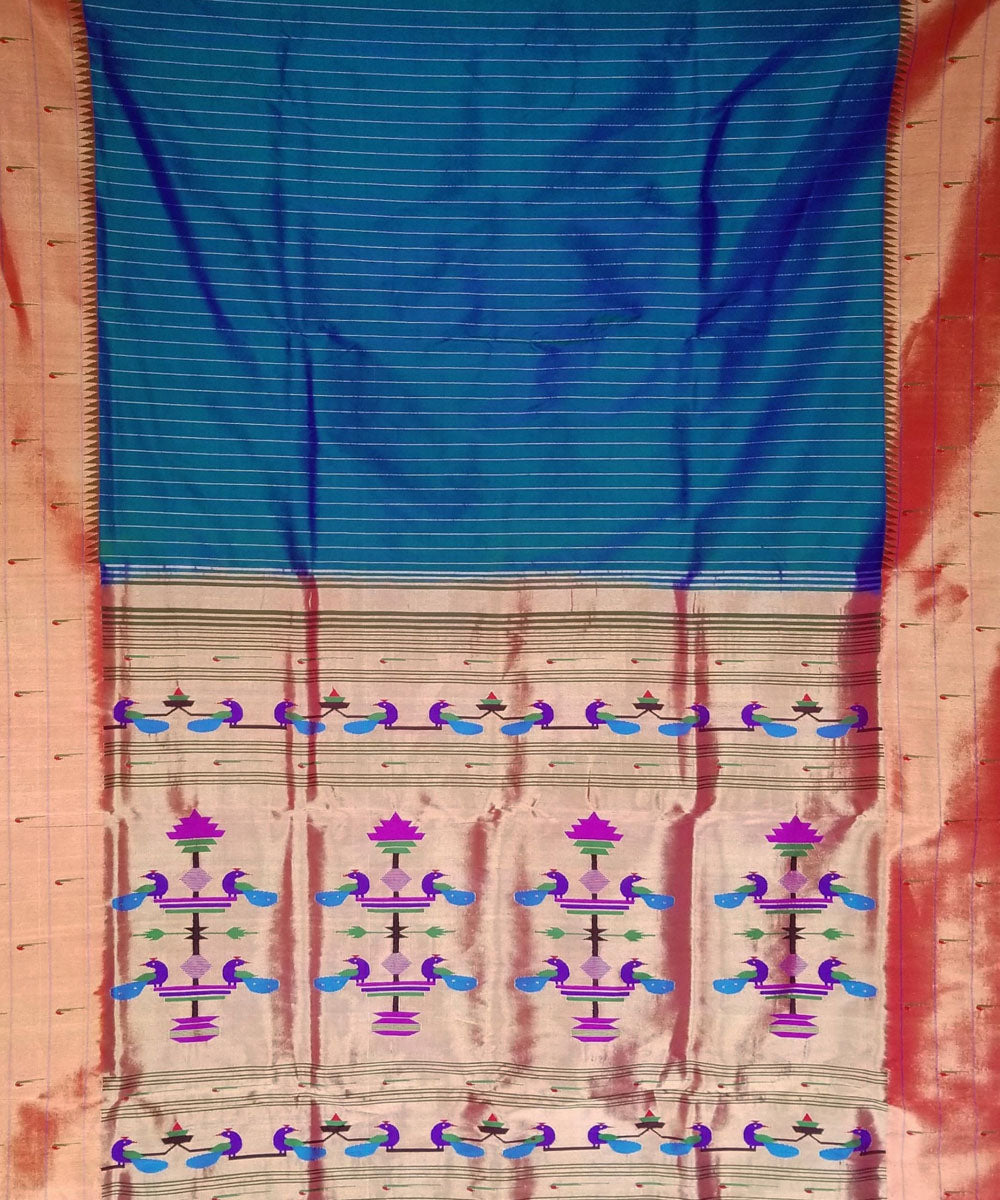 Peacock blue striped triple muniya silk paithani saree