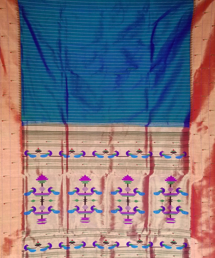 Peacock blue striped triple muniya silk paithani saree