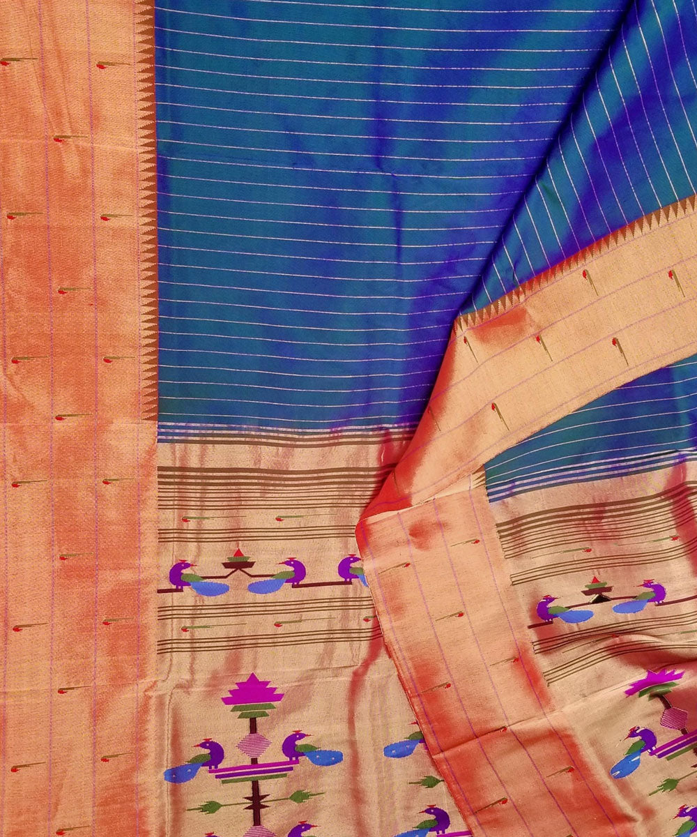 Peacock blue striped triple muniya silk paithani saree