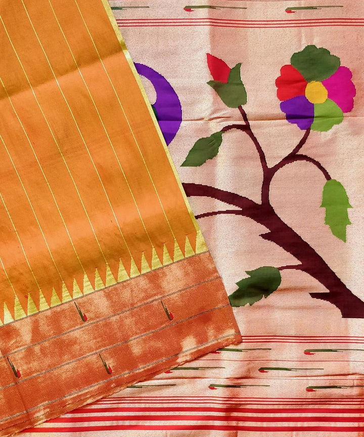 Mustard striped triple muniya rich pallu silk paithani saree