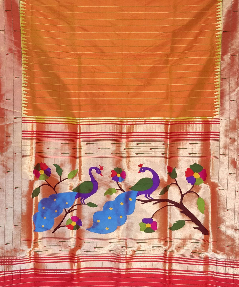 Mustard striped triple muniya rich pallu silk paithani saree