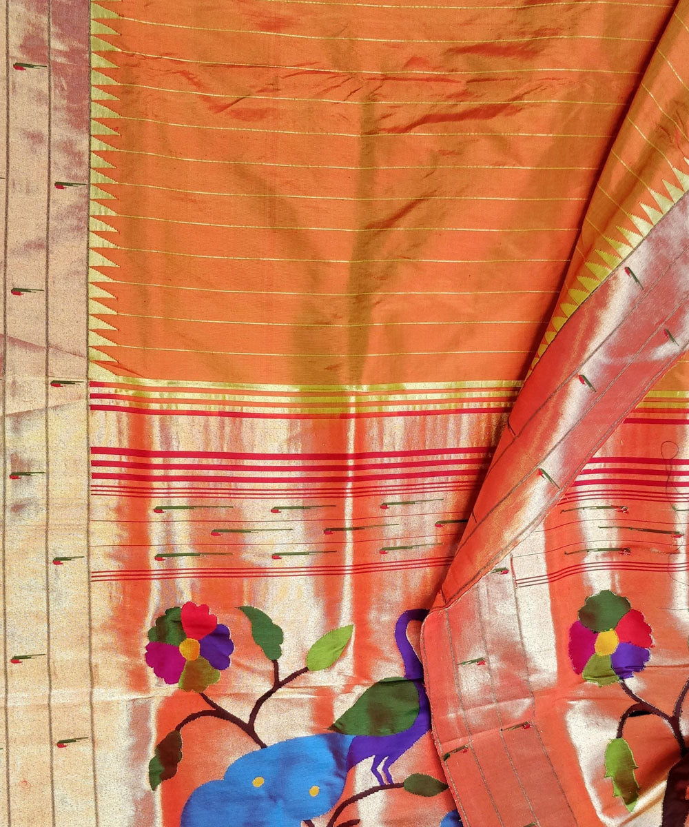 Mustard striped triple muniya rich pallu silk paithani saree