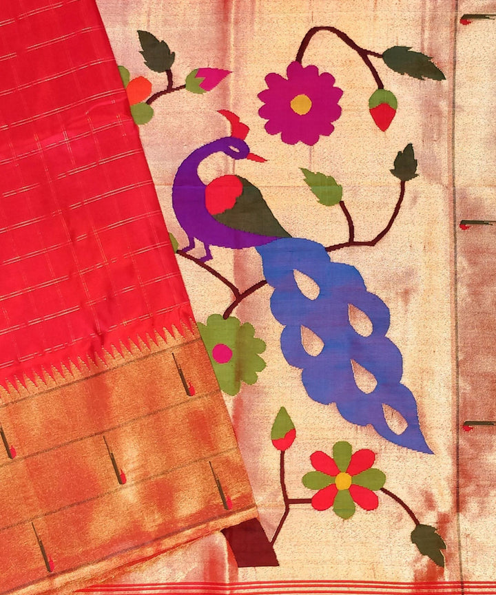 Red triple muniya checks silk paithani