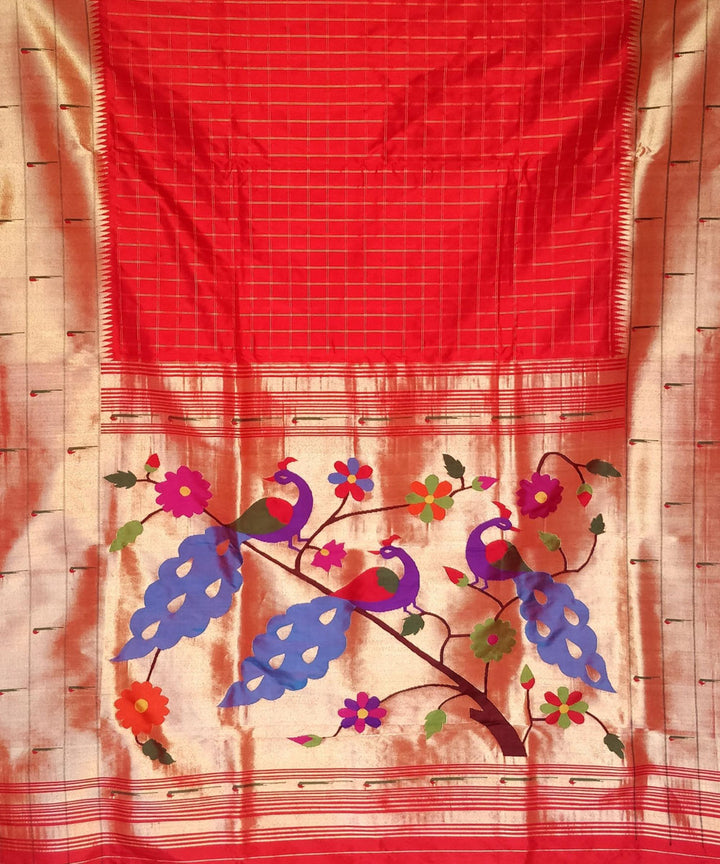 Red triple muniya checks silk paithani