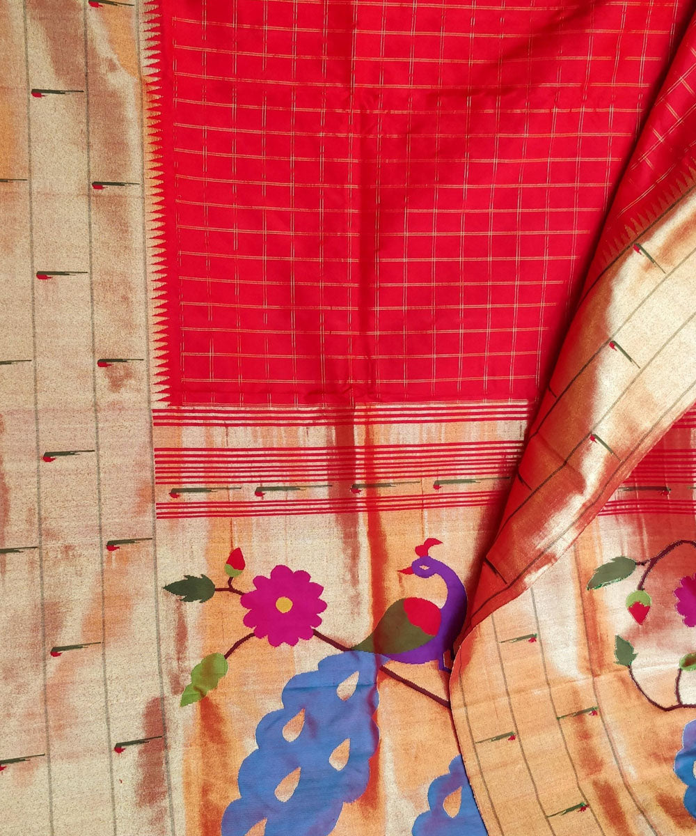 Red triple muniya checks silk paithani