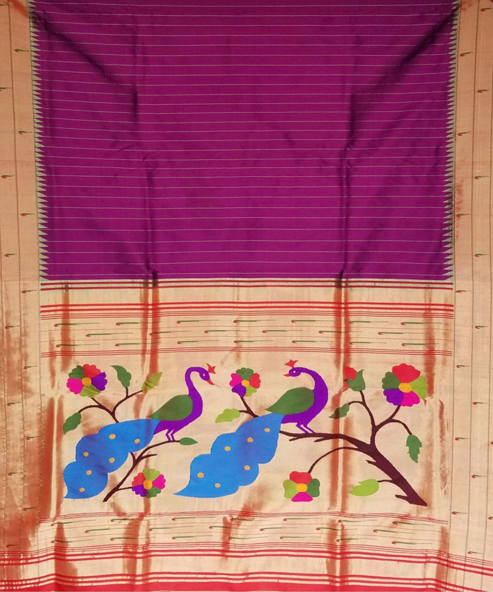 Wine striped triple muniya rich pallu silk paithani saree