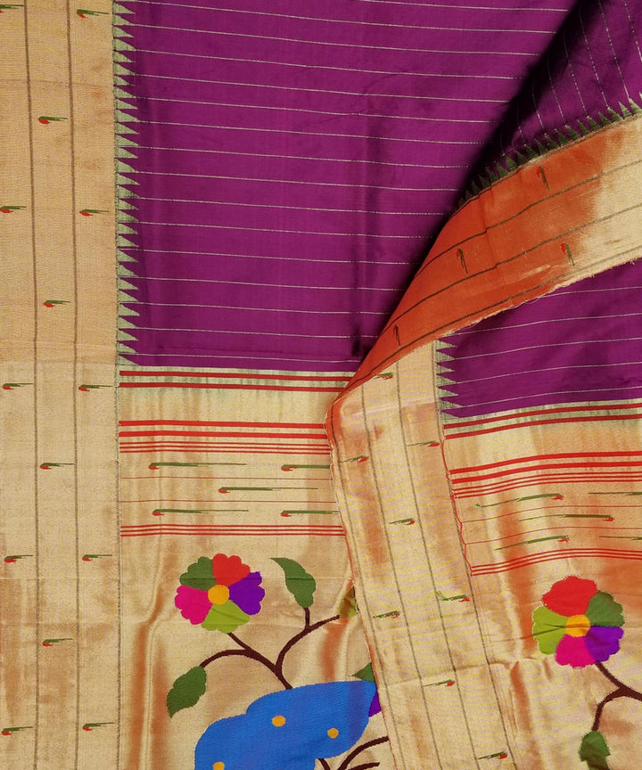 Wine striped triple muniya rich pallu silk paithani saree