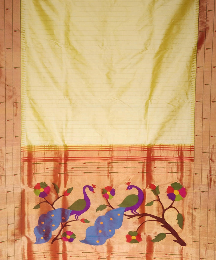 Butterscotch yellow striped triple muniya silk paithani saree