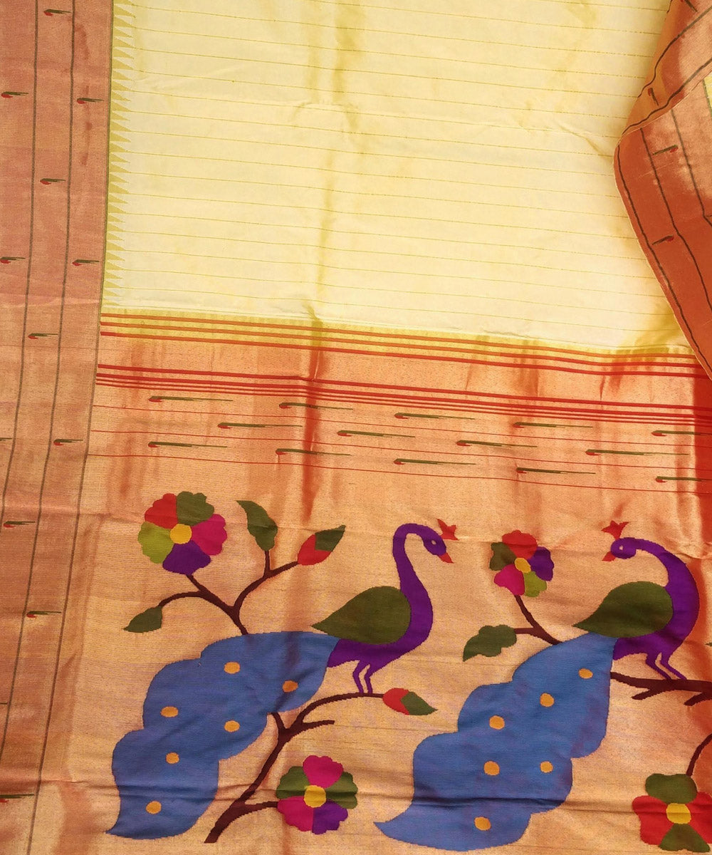 Butterscotch yellow striped triple muniya silk paithani saree