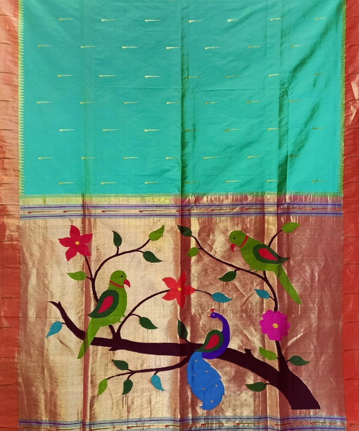 Sea green muniya border silk paithani saree