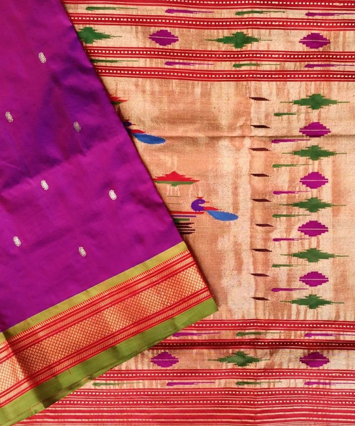 Purple handloom silk paithani saree with green border