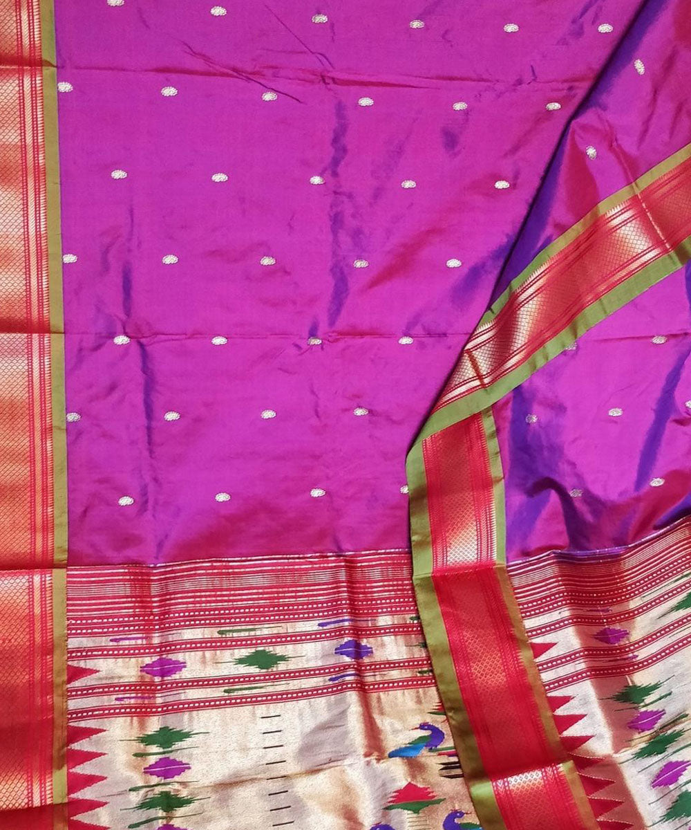 Purple handloom silk paithani saree with green border