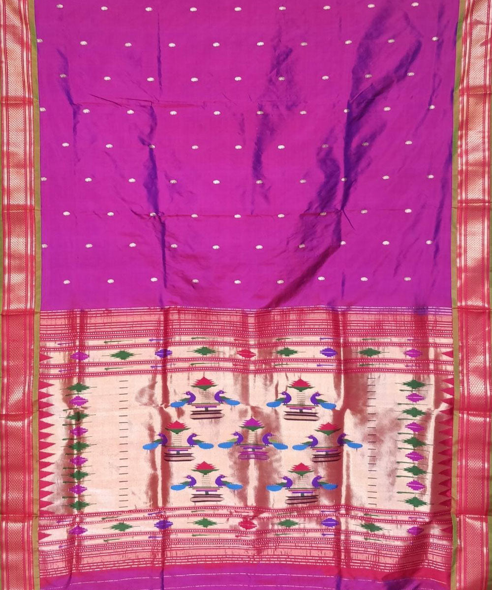 Purple handloom silk paithani saree with green border